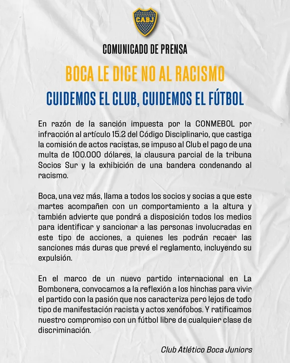 Boca fue multado y sancionado por Conmebol por conductas racistas en el duelo ante Palmeiras en 2023