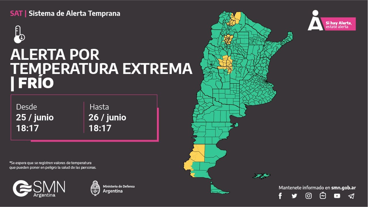 Mapa de alerta por frío extremo este miércoles.