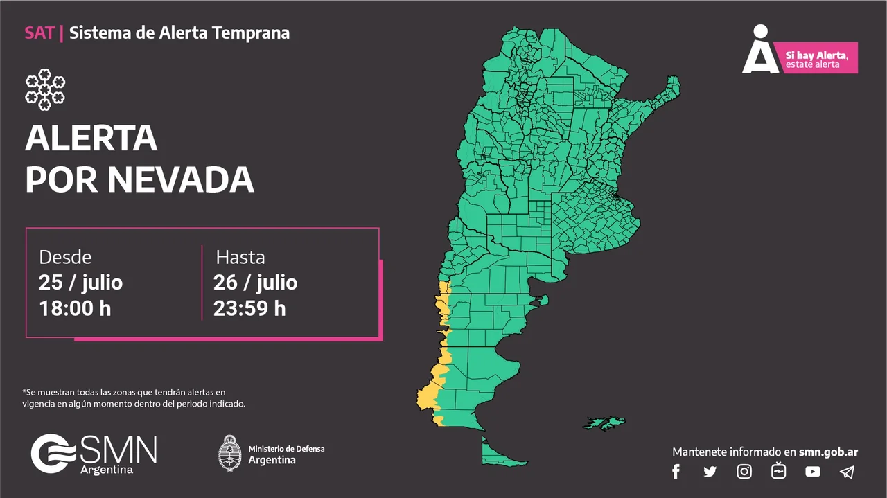 Mapa de alerta por nevadas para este viernes.