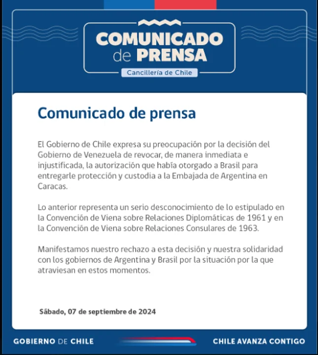 Chile expresa preocupación por la revocación de la custodia en la Embajada Argentina en Venezuela