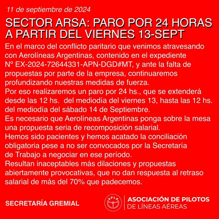 Confirmado: dos gremios aeronáuticos paran el viernes por 24 horas