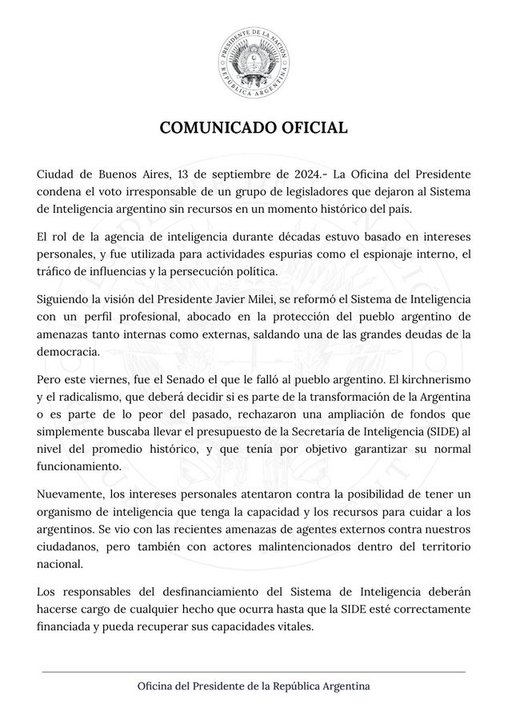 El Gobierno acusó de "irresponsables" a los senadores tras el rechazo al DNU por los fondos de la SIDE