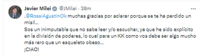 Milei irónico con Agustín Rossi: "gracias por aclarar porque se te ha perdido un misil"