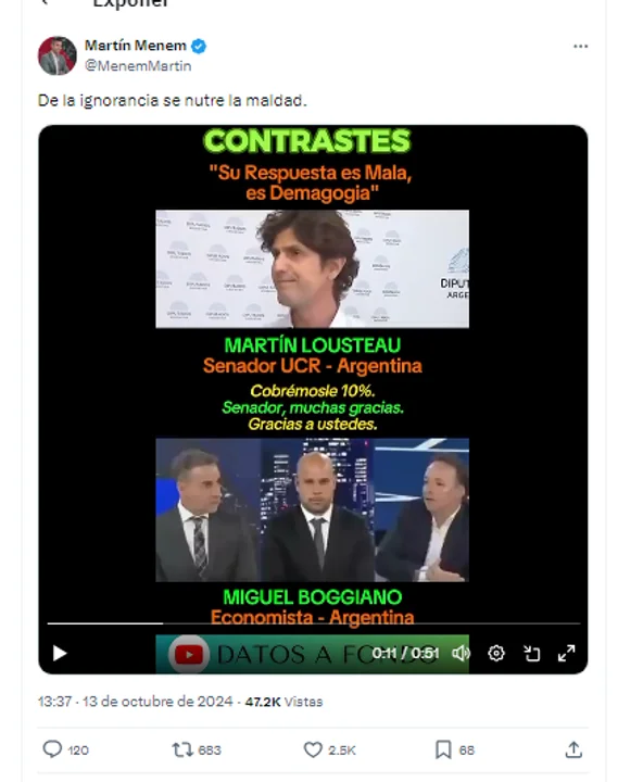Martín Menem muy duro con Louseau: "De la ignorancia se nutre la maldad"