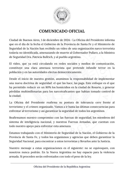 Organización narcoterrorista amenazó de muerte a Maximiliano Pullaro y a Patricia Bullrich