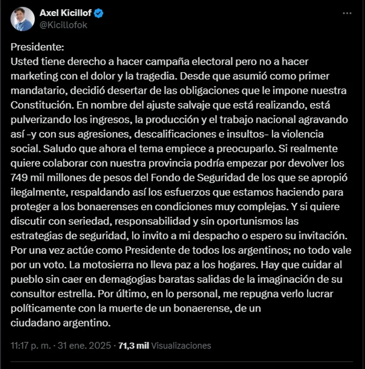 Axel Kicillof cruzó a Javier Milei: "Me repugna verlo lucrar políticamente con la muerte de un bonaerense"