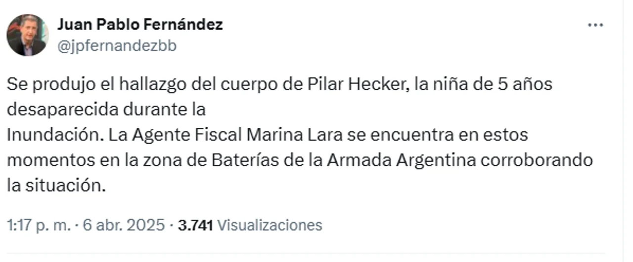 Encontraron el cuerpo de Pilar Hecker, una de las nenas desaparecidas en el temporal de Bahía Blanca