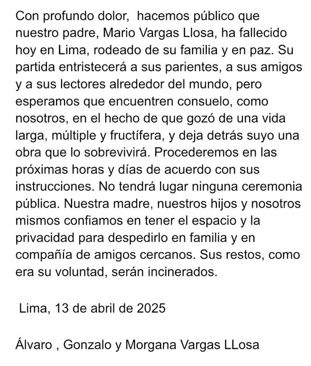 Falleció Mario Vargas Llosa en Lima, a los 88 años Falleció Mario Vargas Llosa en Lima, a los 88 años