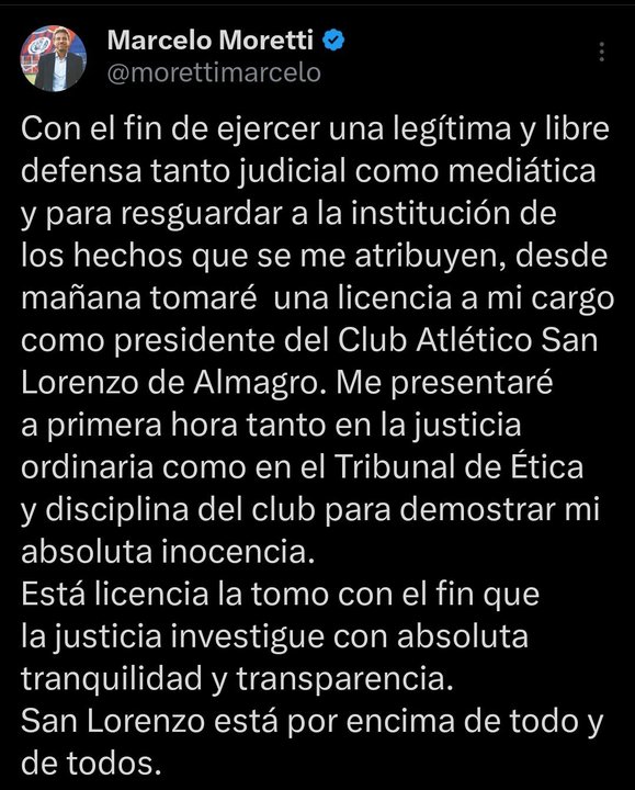 Acorralado por la denuncia de corrupción, Marcelo Moretti anunció que se aleja de San Lorenzo