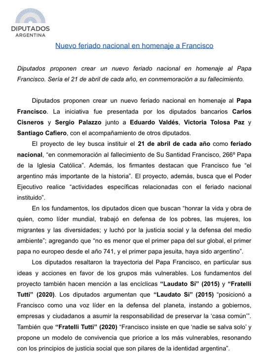 Proponen instaurar el 21 de abril como feriado nacional en homenaje al papa Francisco