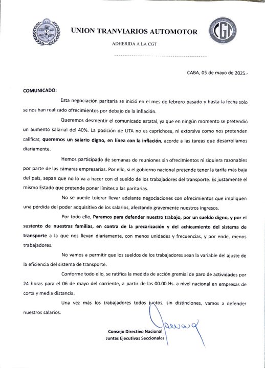 Paro de colectivos: la UTA acusó al Gobierno de querer ajustar con los sueldos