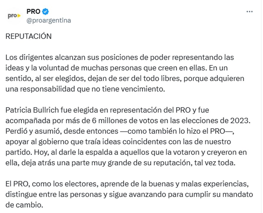 "Reputación": el PRO cruzó fuerte a Patricia Bullrich tras su afiliación a La Libertad Avanza