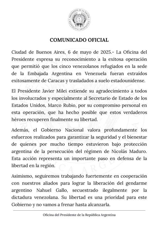El Gobierno confirma la salida de los cinco venezolanos refugiados en la embajada argentina en Caracas