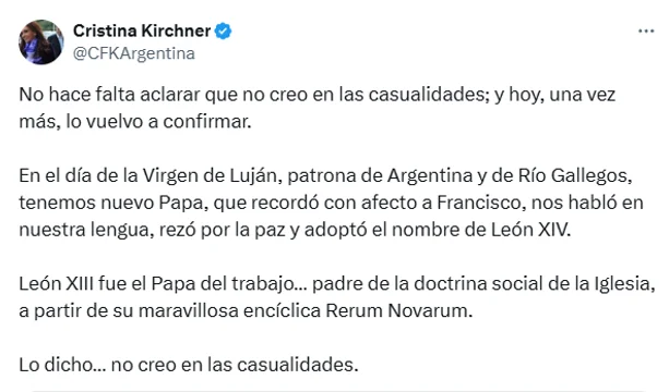 "No creo en las casualidades": Cristina Kirchner vinculó el nombramiento del nuevo papa con la Virgen de Luján