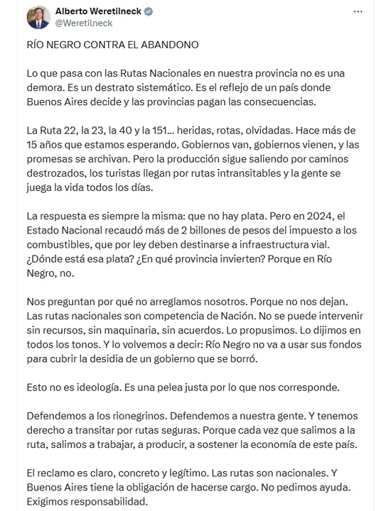 Weretilneck reclamó a Nación por el abandono de las rutas en Río Negro: "destrato sistemático"