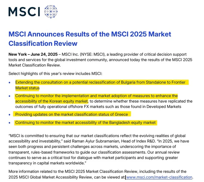 MSCI señaló que el país todavía no cumple con los criterios mínimos en términos de liquidez, acceso al mercado y marco regulatorio, condiciones necesarias para una eventual mejora de estatus.
