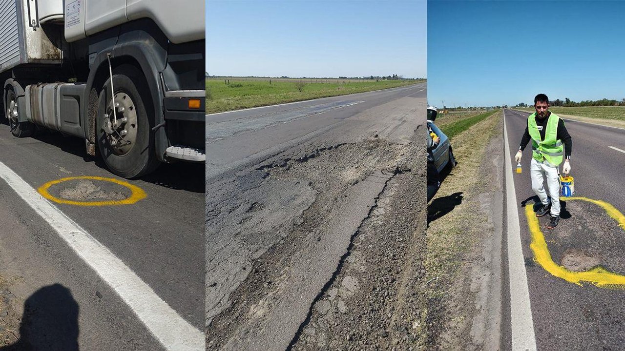 Ruta nacional deteriorada en la Argentina