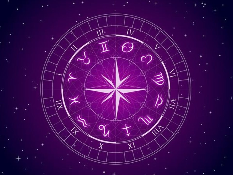 Ilustración de los 12 signos del zodíaco en círculo sobre fondo estrellado