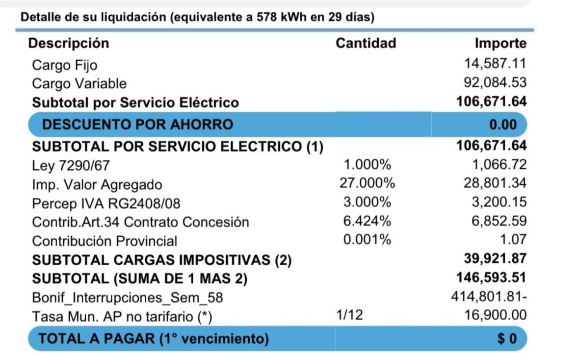 Factura con reintegro por cortes de luz en Buenos Aires