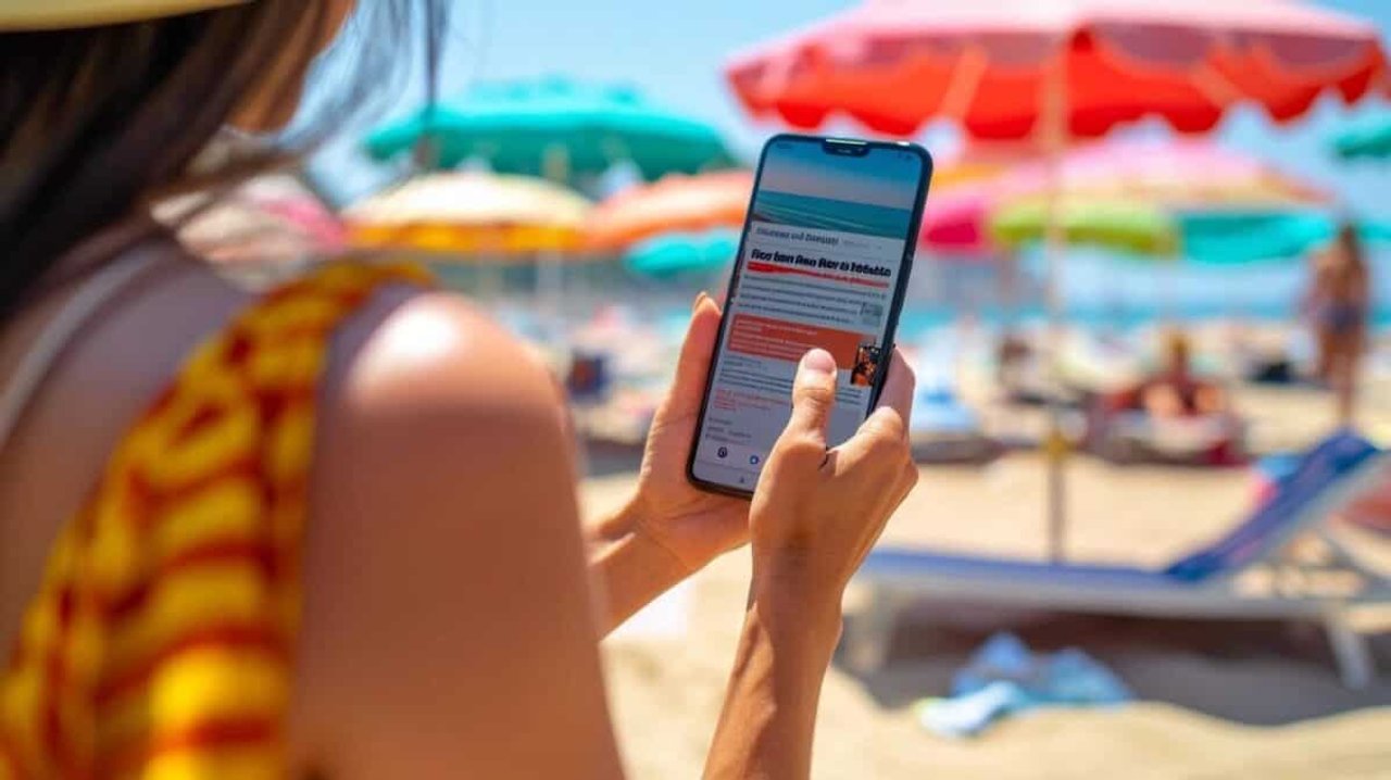 Trabajador argentino revisando el celular durante sus vacaciones