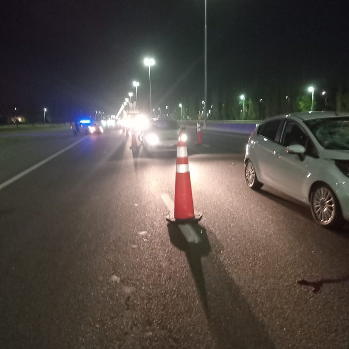 Patrullero y personal policial en un operativo vial sobre la autopista