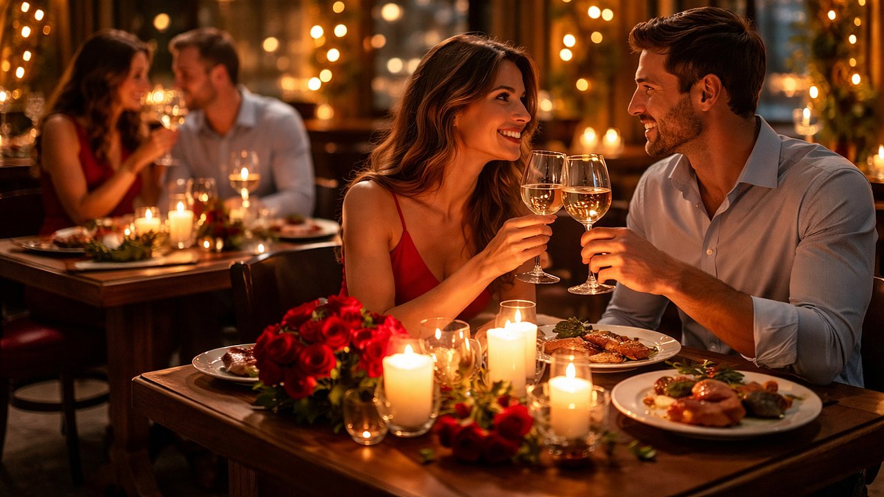 Pareja cenando en restaurante por el Día de los Enamorados en Buenos Aires