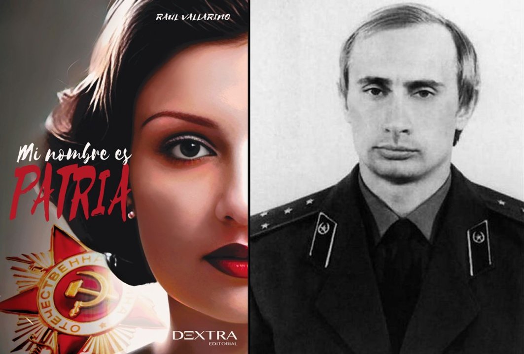 Portada promocional de la novela Mi nombre es Patria, sobre África de las Heras y un joven Vladimir Putin