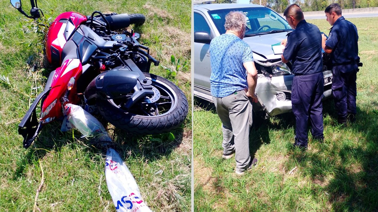 Patrullero y personal policial trabajando en un siniestro vial en la autopista