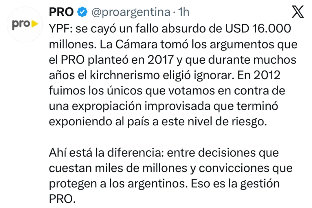 El posteo del PRO. (Foto: captura NA)