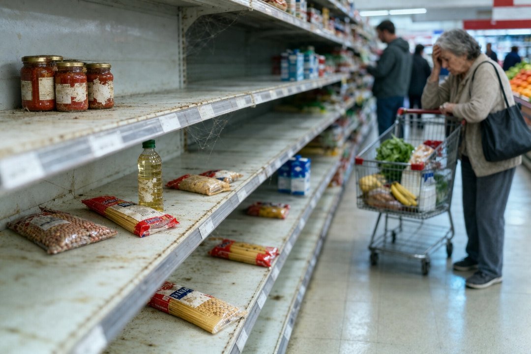 Consumidores recorren góndolas vacías en un supermercado de Mar del Plata