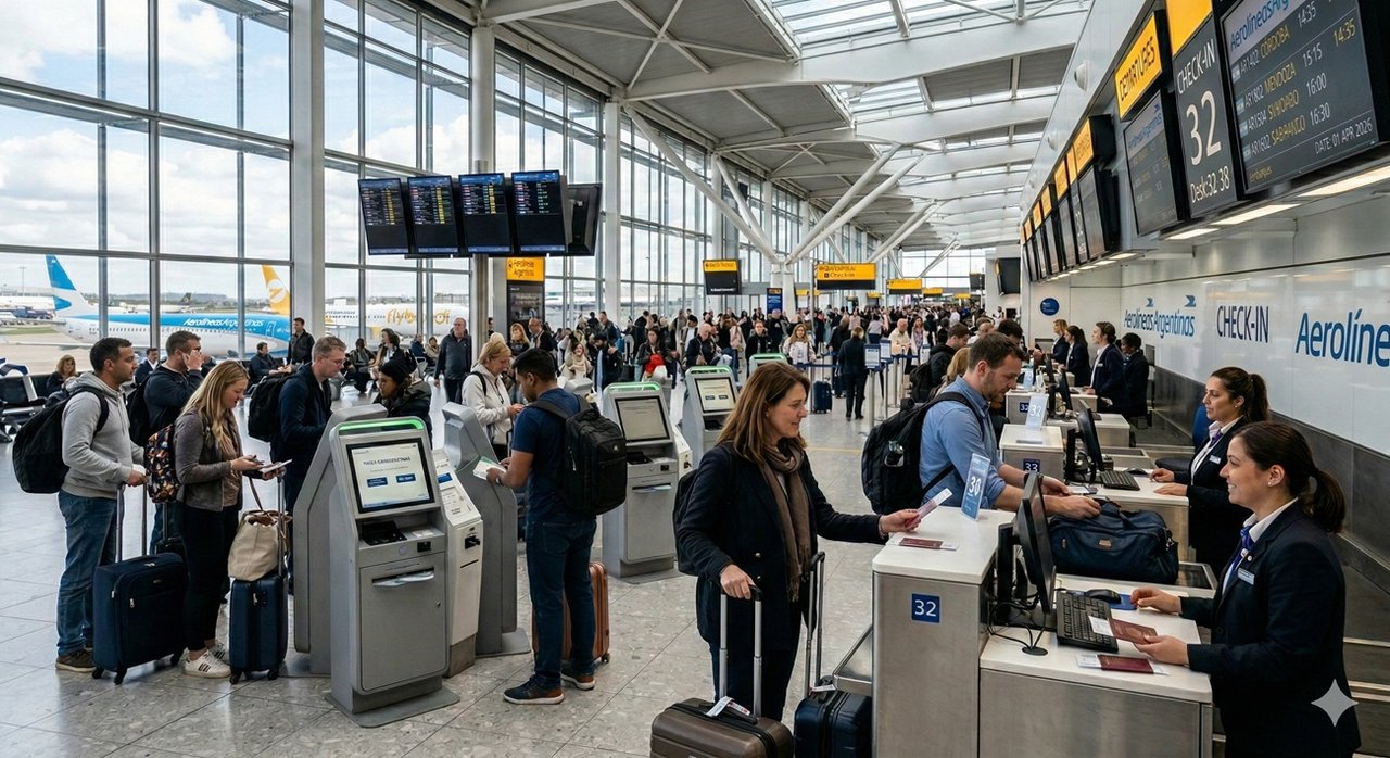 Pasajeros en aeropuerto frente a mostradores de aerolíneas