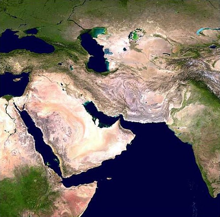 Satélite de observación de la Tierra y mapa de Medio Oriente