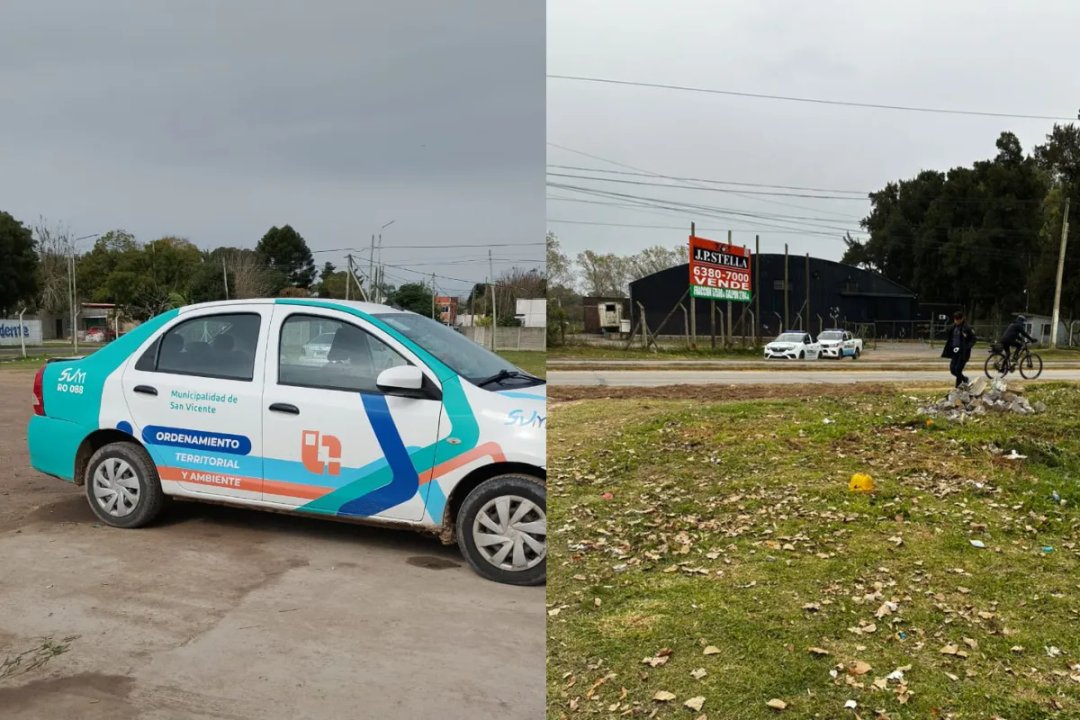 Patrullero municipal frente a obra detenida en San Vicente