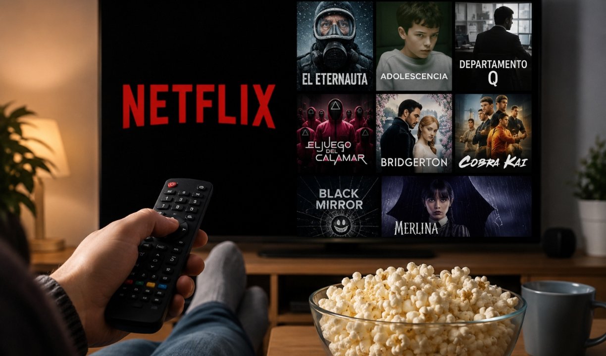 Control remoto y pantalla encendida, ideal para una maratón de series en Netflix