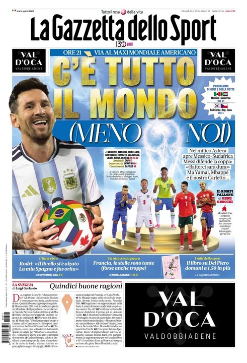 La dolorosa tapa de un diario deportivo italiano en el día de inicio del Mundial 2026