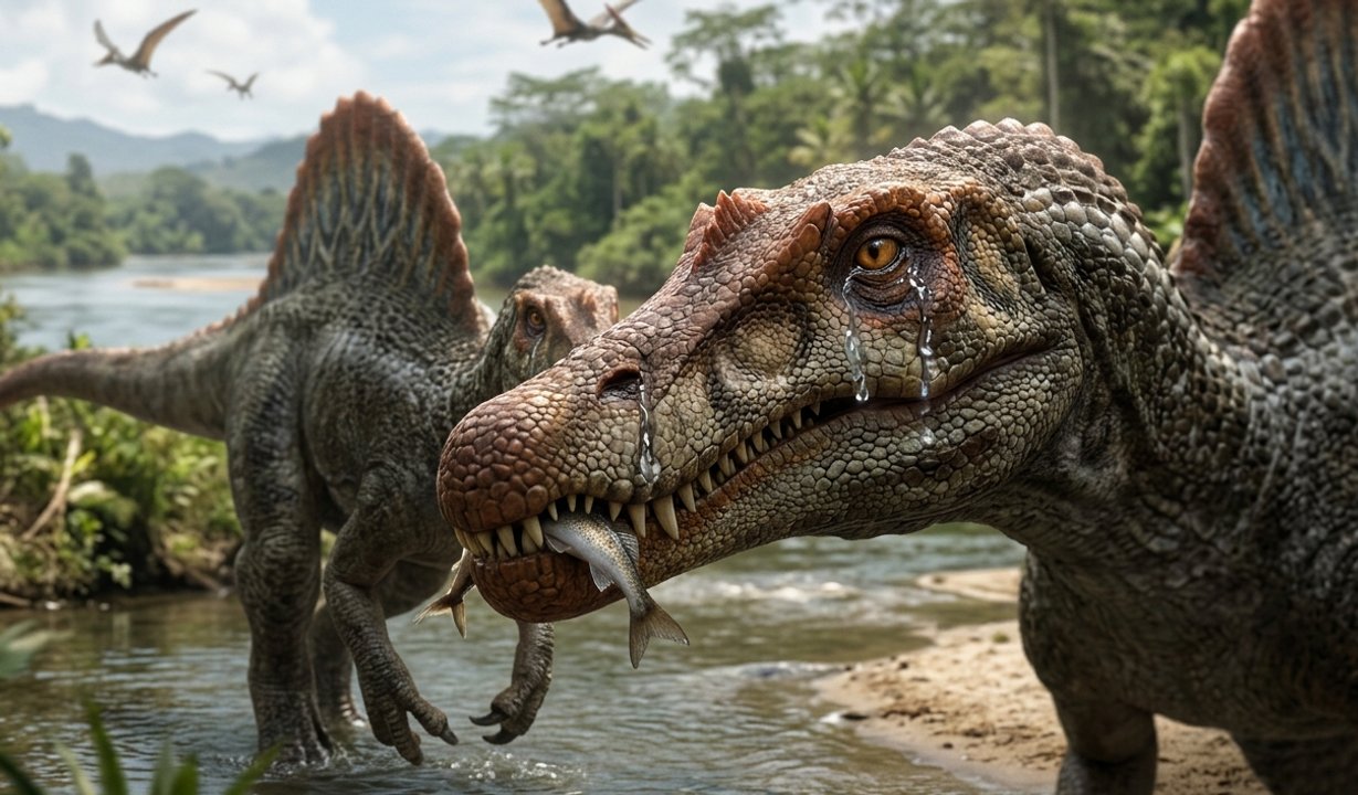 Ilustración de un Spinosaurus cazando en un entorno marino