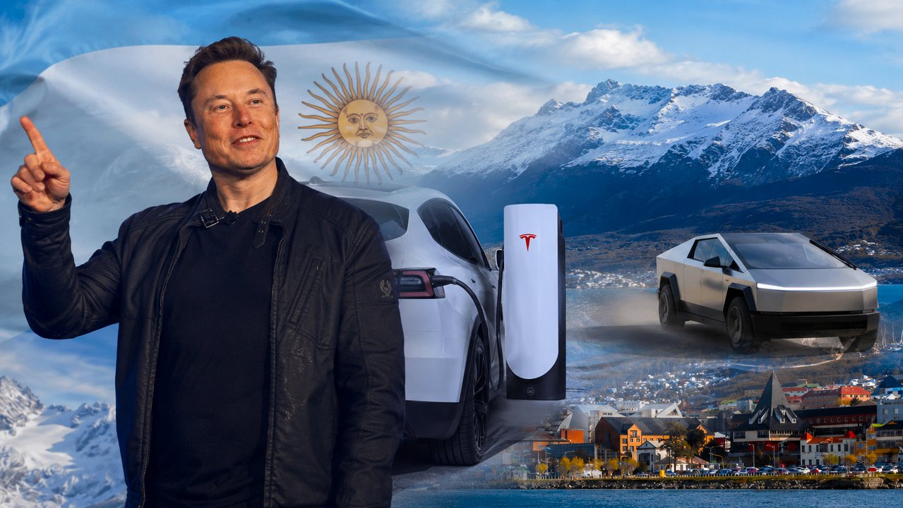 Render de cargadores eléctricos de Tesla en la Patagonia argentina