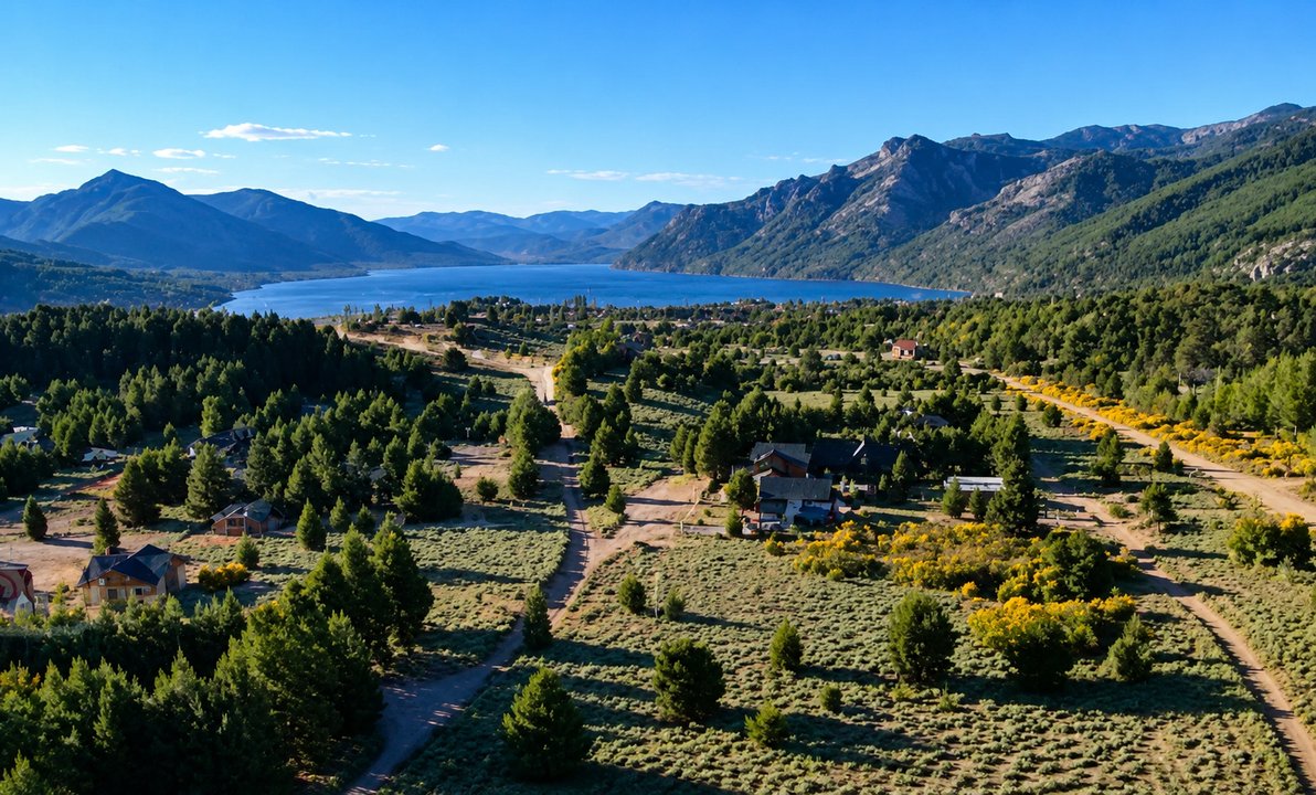 Vista panorámica de Villa Lago Meliquina junto al lago y las montañas