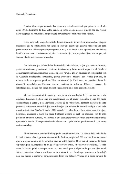 Carta completa con la que Adorni renunció a su cargo
