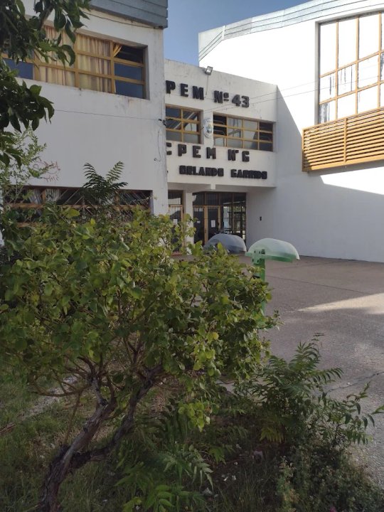 Patrullero policial frente a una escuela en Neuquén