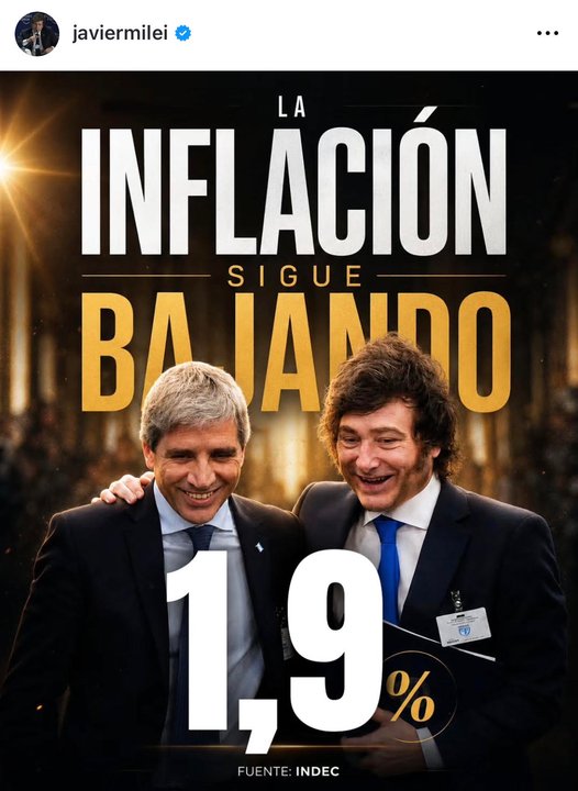 El festejo de Milei en redes tras la confirmación del 1,9% de inflación de junio