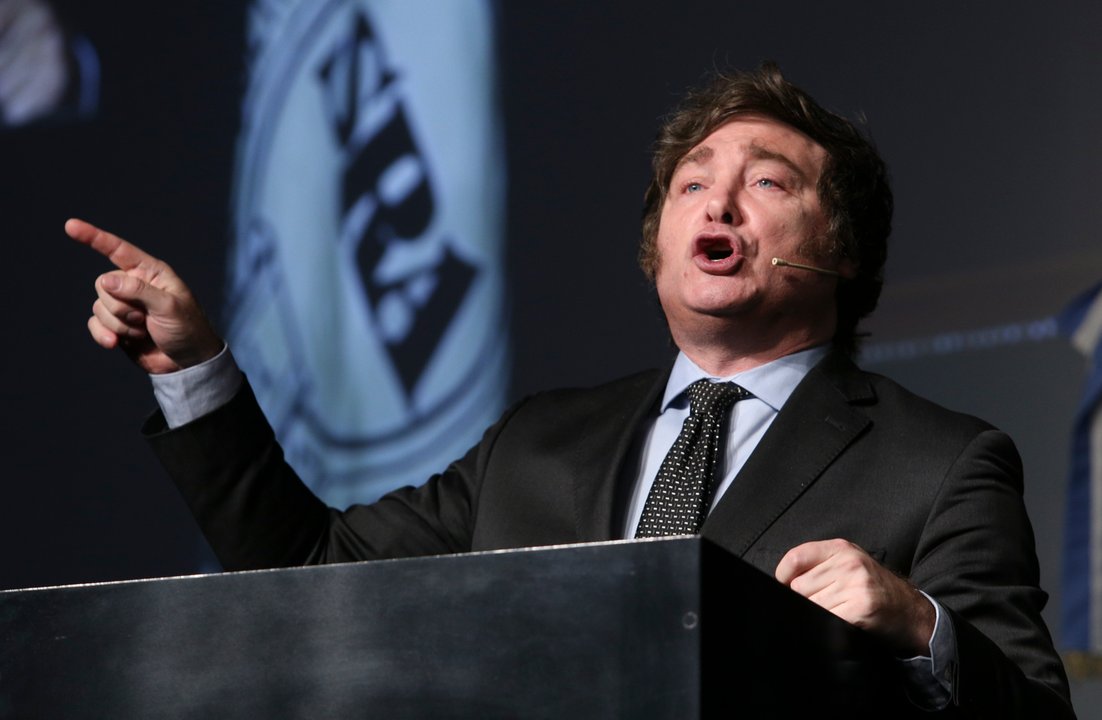 Javier Milei durante un acto en la Exposición Rural de Palermo