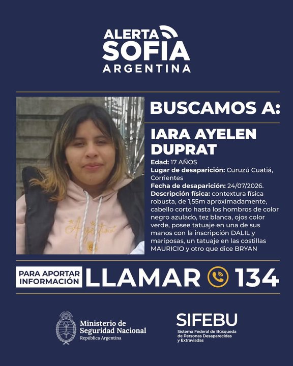 Alerta Sofía por una joven de 17 años desaparecida desde el viernes en Curuzú Cuatiá