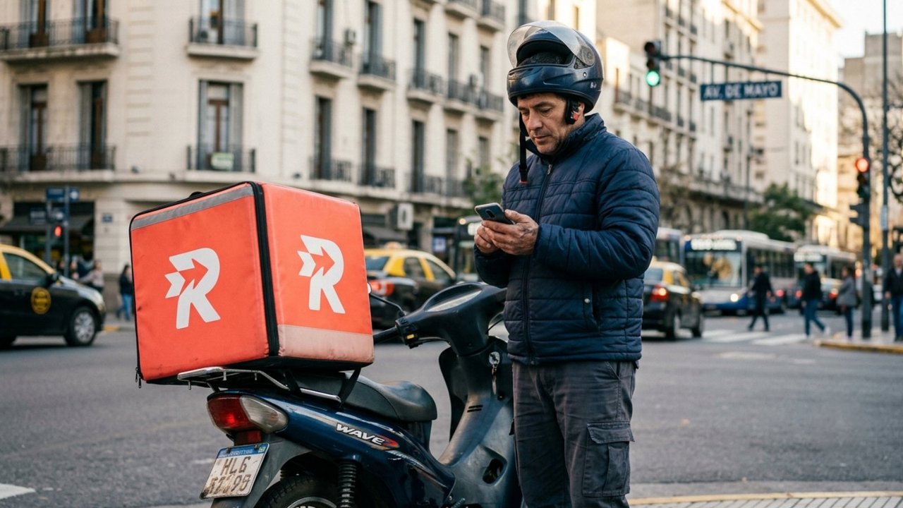 Repartidor de aplicaciones de delivery circulando en moto por la ciudad