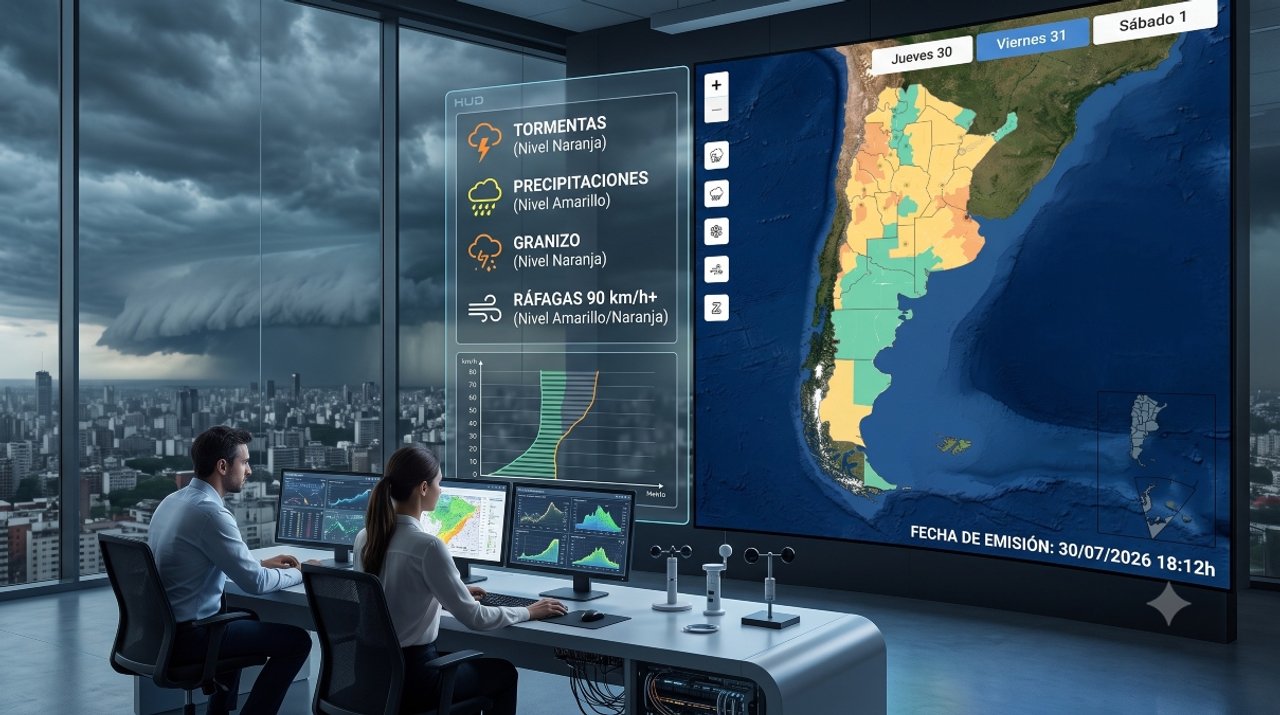 Mapa de alertas meteorológicas por tormentas y vientos en Argentina