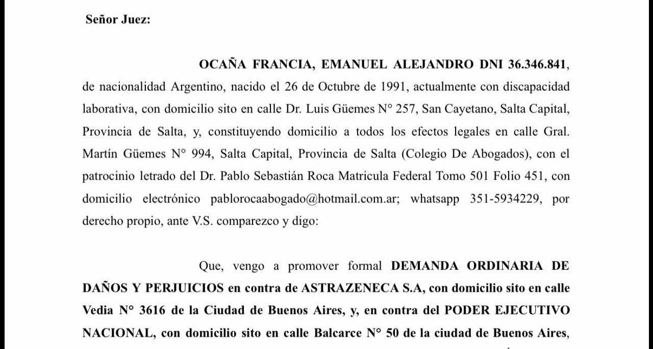 Emanuel Ocaña demanda a AstraZeneca por síndrome antifosfolipídico tras la vacunación