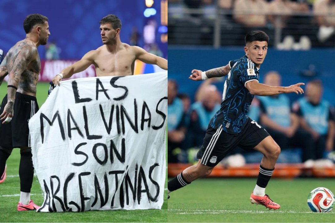 Thiago Almada y la bandera de Malvinas en el festejo ante Inglaterra