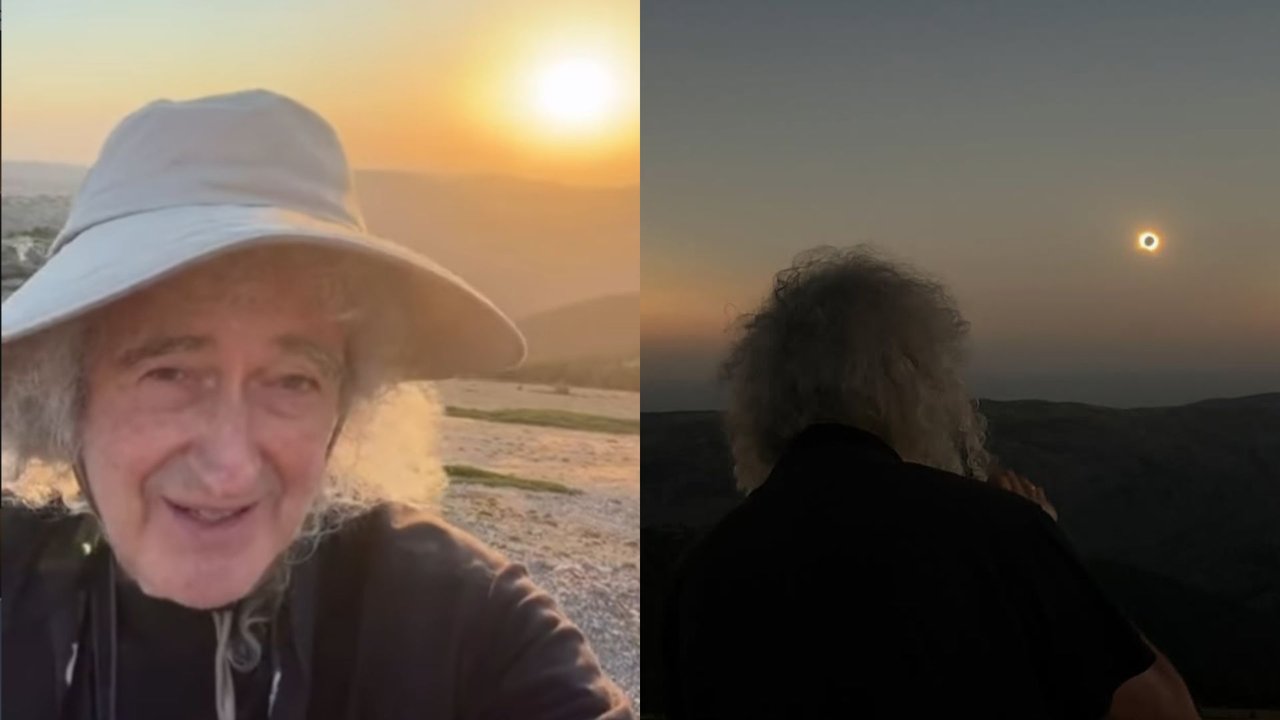 Brian May observando el eclipse solar total en España