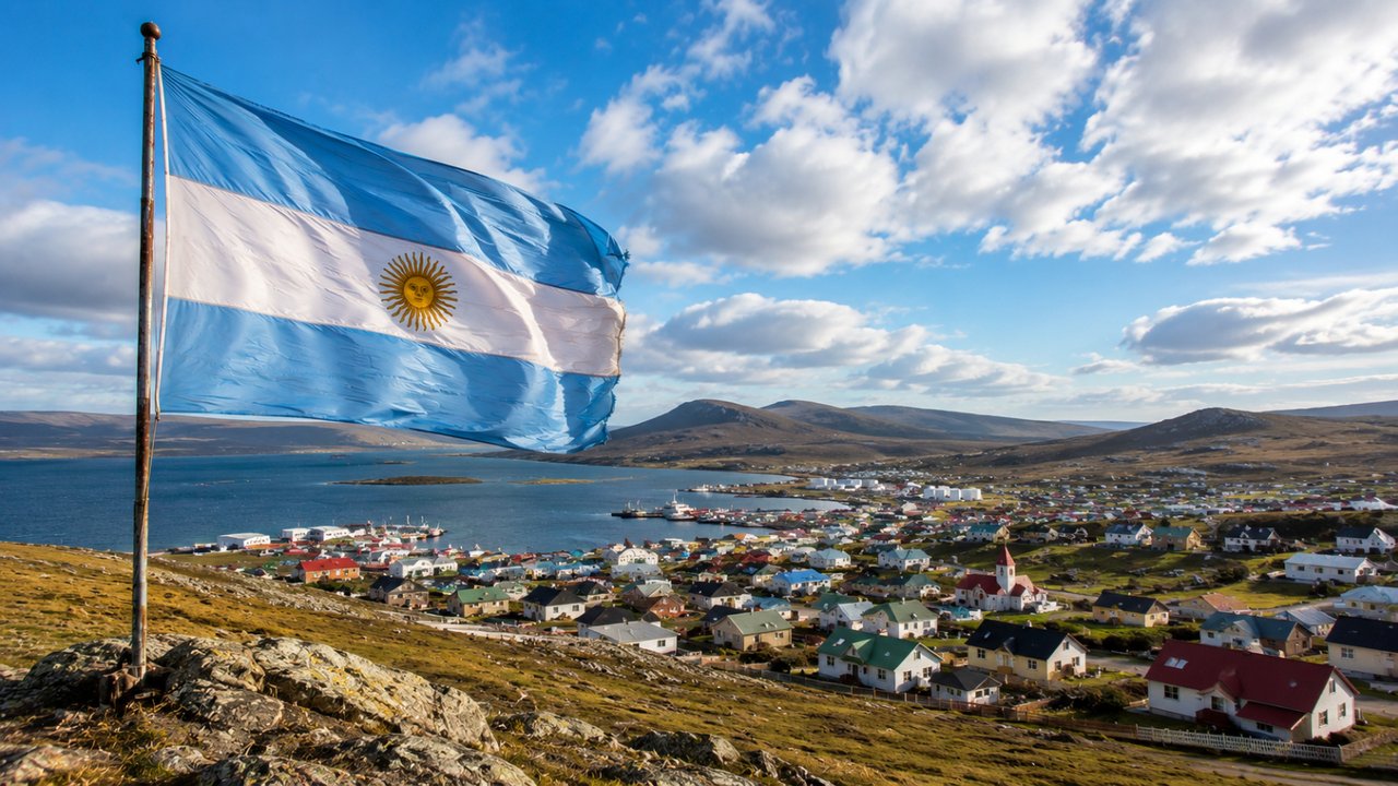 Eduardo Canitrot con la bandera argentina en las Islas Malvinas