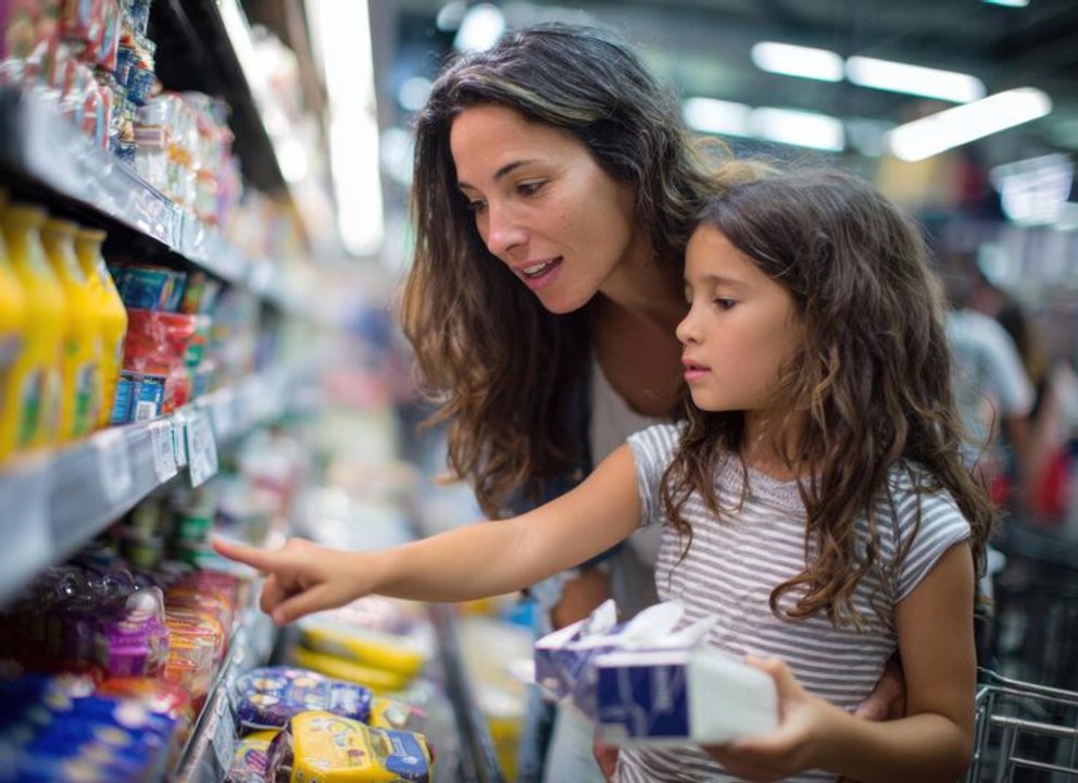 Padres con sus hijos frente a góndolas de supermercado